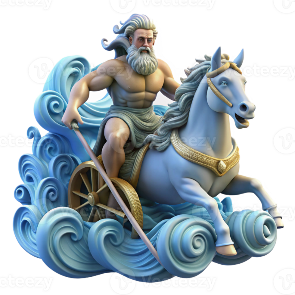 vibrant minimalist Poseidon commanding a storm-tossed sea, waves crashing around his chariot pulled by hippocamps, painted in a dramatic Baroque style professional png
