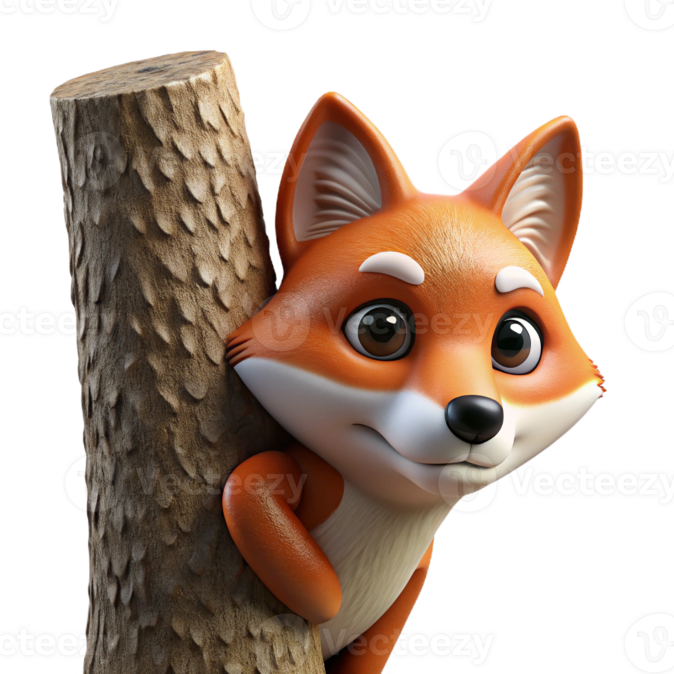 serene traditional A curious fox peering out from behind a tree, sly expression and detailed fur, realistic style genuine png