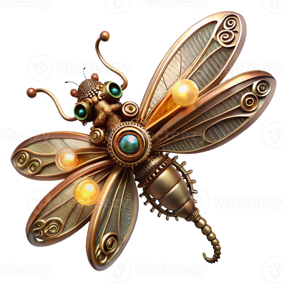 beautiful contemporary A steampunk dragonfly with delicate, filigree wings made of gears and cogs, hovering in mid-air, illuminated by a single spotlight detailed png