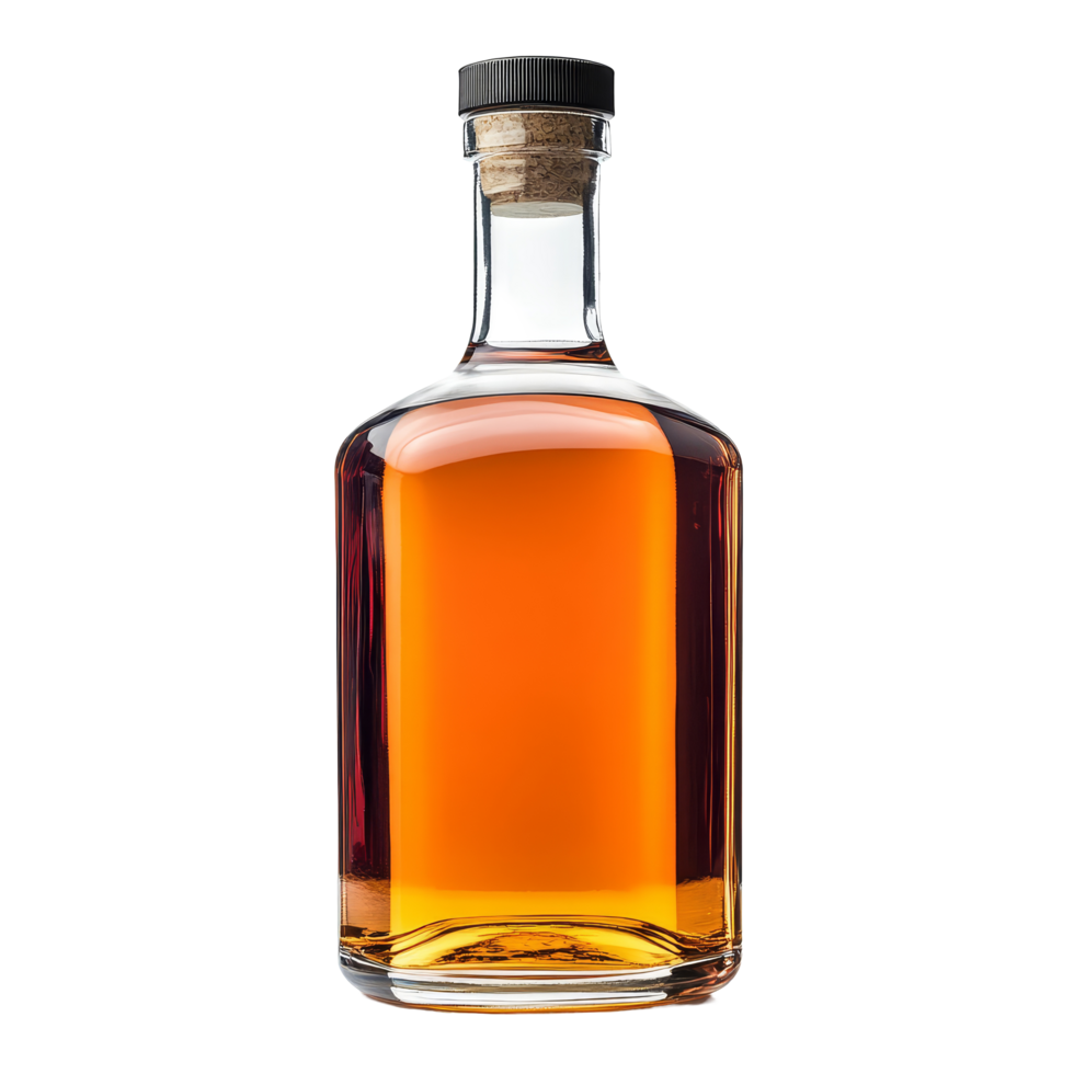 Elegant whiskey bottle showcasing rich amber liquid against a clean transparent background, whiskey bottle isolated on transparent background png