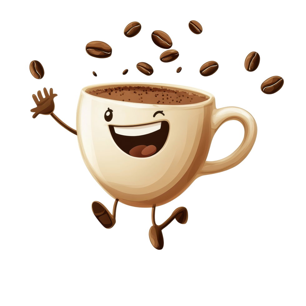 A joyful coffee cup character jumps with excitement surrounded by flying coffee beans on a bright background, Joyful Coffee Cup Cartoon Character Jumping on transparent background png