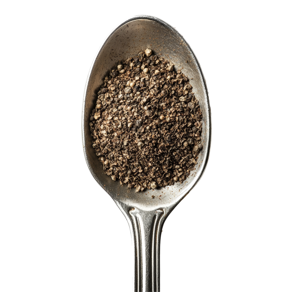 Pepper powder spice in a stainless steel spoon resting on a transparent background, pepper powder spice in stainless steel spoon on transparent background png