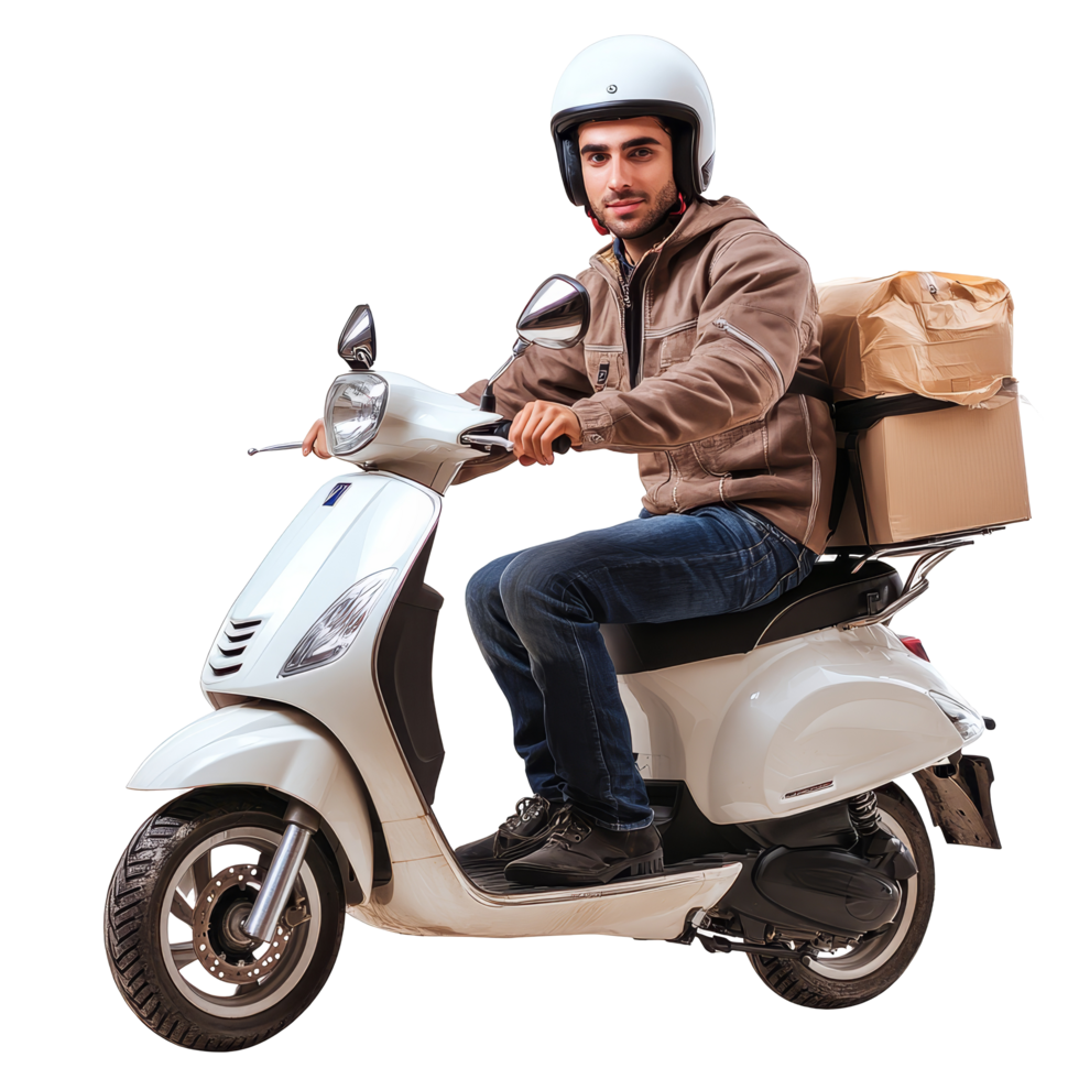 Delivery man riding a scooter with packages against a transparent transparent background, a delivery man on his scooter on transparent background png