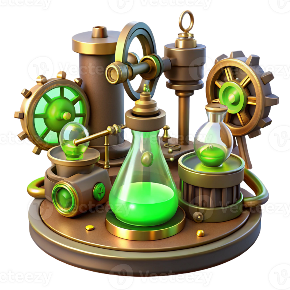 vibrant artistic A steampunk laboratory filled with bizarre inventions and intricate gadgets, cogs and gears scattered about, illuminated by a flickering, green light high quality png