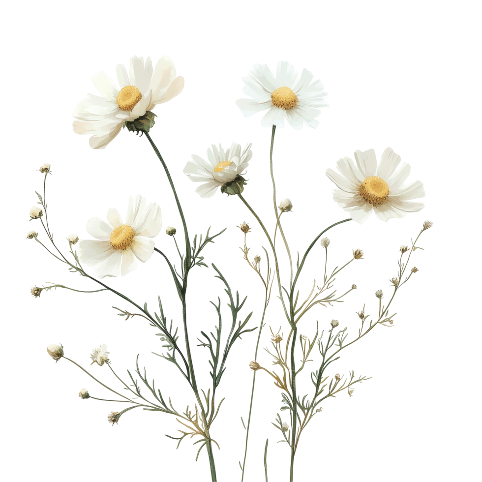 Delicate chamomile blooms gracefully arranged against a clean transparent surface for a serene, fresh appearance, Delicate chamomile blooms isolated on a clean transparent background, perfect for s png