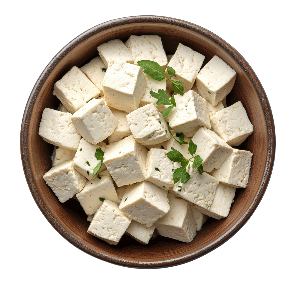 Fresh tofu cubes arranged in a brown bowl on a transparent background for a healthy culinary dish preparation, Tofu in bowl on transparent background png