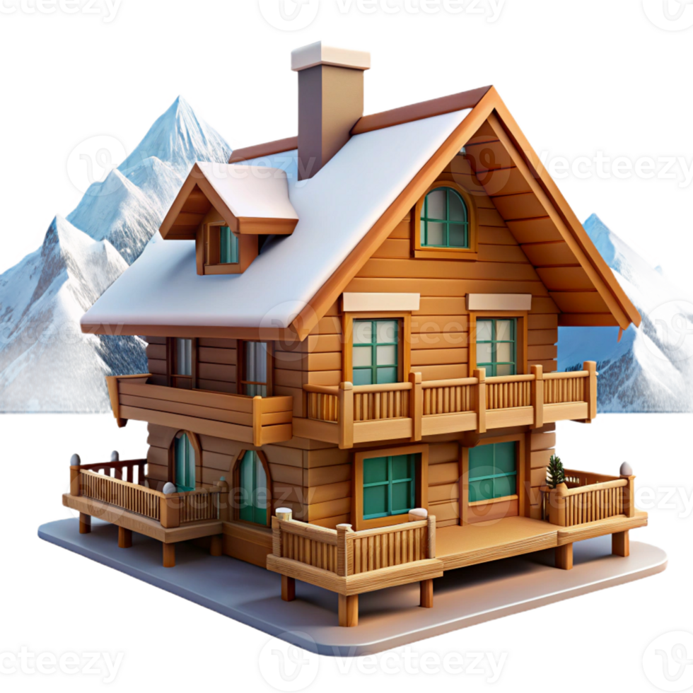 serene artistic A Swiss chalet, wooden balconies, snow-capped mountains in the background, picturesque, idyllic style high quality png