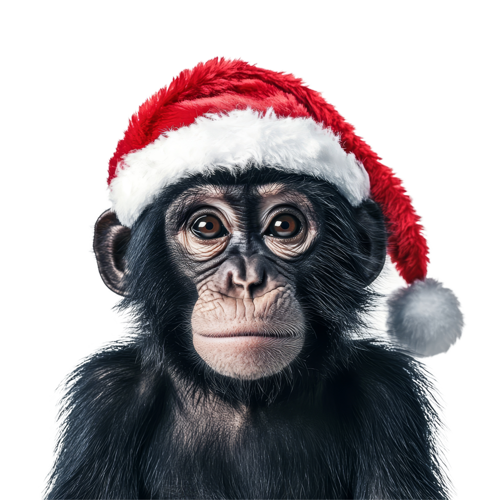 A playful monkey dressed in a Christmas hat against a clean transparent background during the holiday season, Monkey wearing a christmas hat on transparent background png