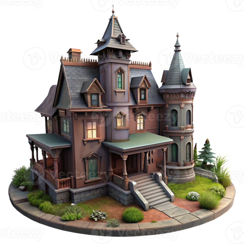 serene creative A decaying Victorian mansion, overgrown garden, dim lighting, gothic horror style, muted colors, original png