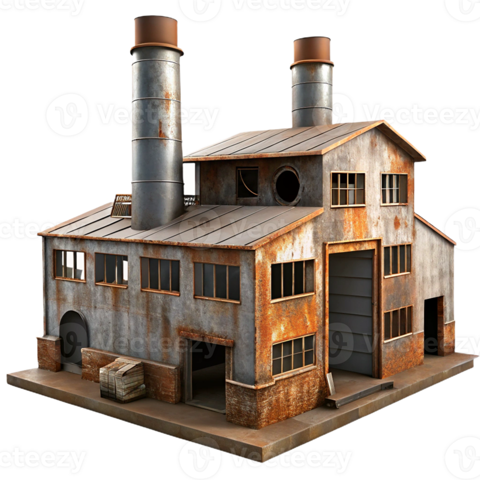 dramatic creative A decaying industrial factory, broken windows, rust and grime, gritty realism high quality png