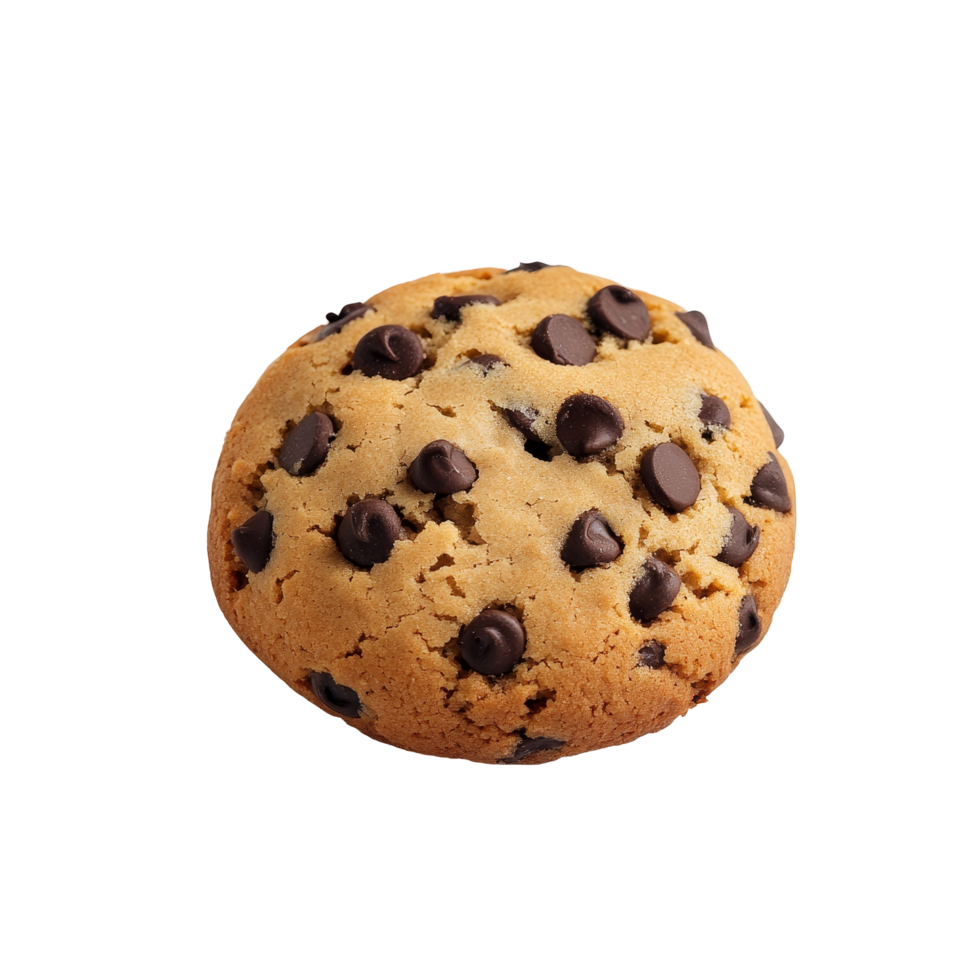 Delicious chocolate chip cookie on a clean transparent background highlighting its generous chocolate pieces, Chocolate chip cookie on transparent background png