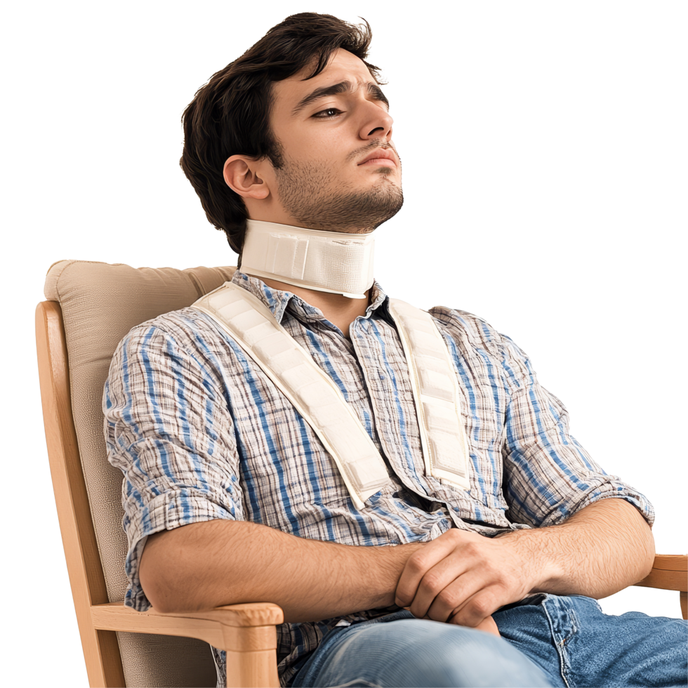 Injured patient relaxing in a chair while wearing a neck brace at a medical facility, file no background Injured patient with neck brace sitting on a chair png