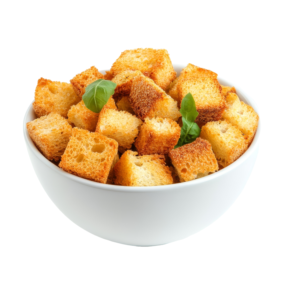 Freshly made crispy croutons in a transparent bowl on a clean background with herbs for garnish, Crispy croutons in bowl isolated on transparent background Stock Photo png