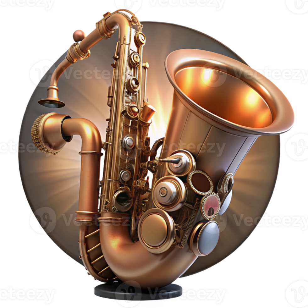 impressive abstract A steampunk musical instrument, a brass and copper saxophone with intricate valves and gears, illuminated by a spotlight on a stage. Stage lighting, Art Nouveau style professional png