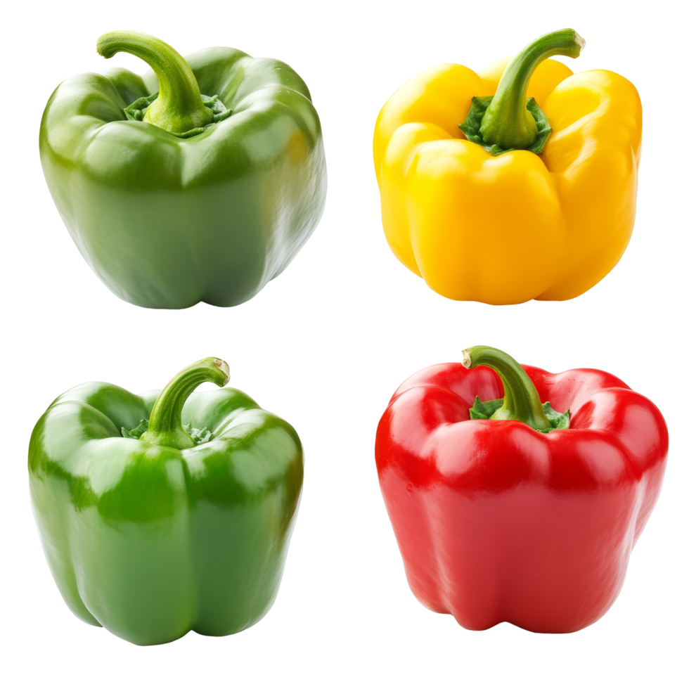 Fresh bell peppers in green, red, and yellow varieties arranged for vibrant culinary display, Fresh Bell Peppers Green, Red, Yellow Varieties Isolated on transparent background png