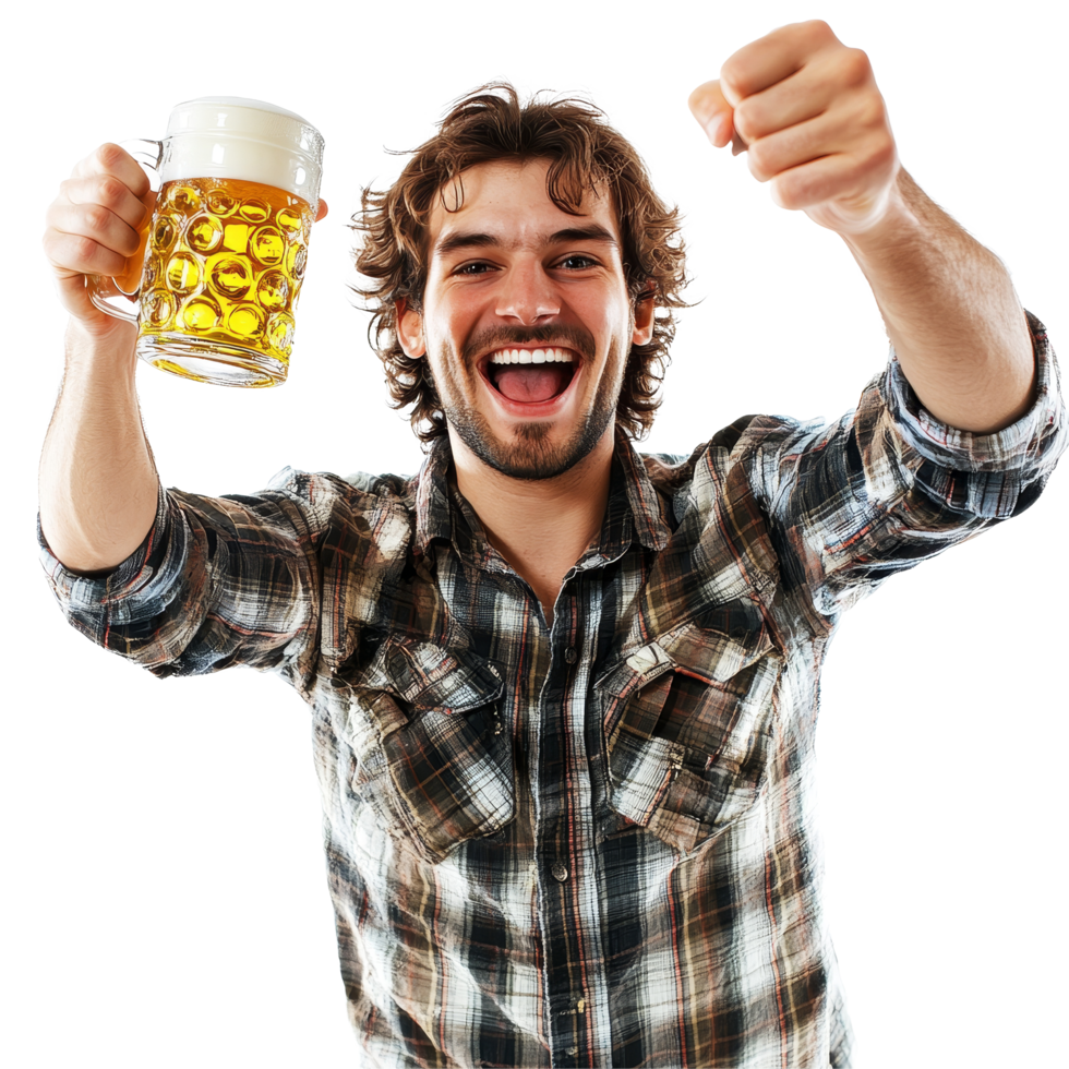 Joyful man celebrating with a raised beer mug in a casual setting during a festive occasion, Joyful Man Raising a Beer Mug Celebration Toast Isolated on transparent background png