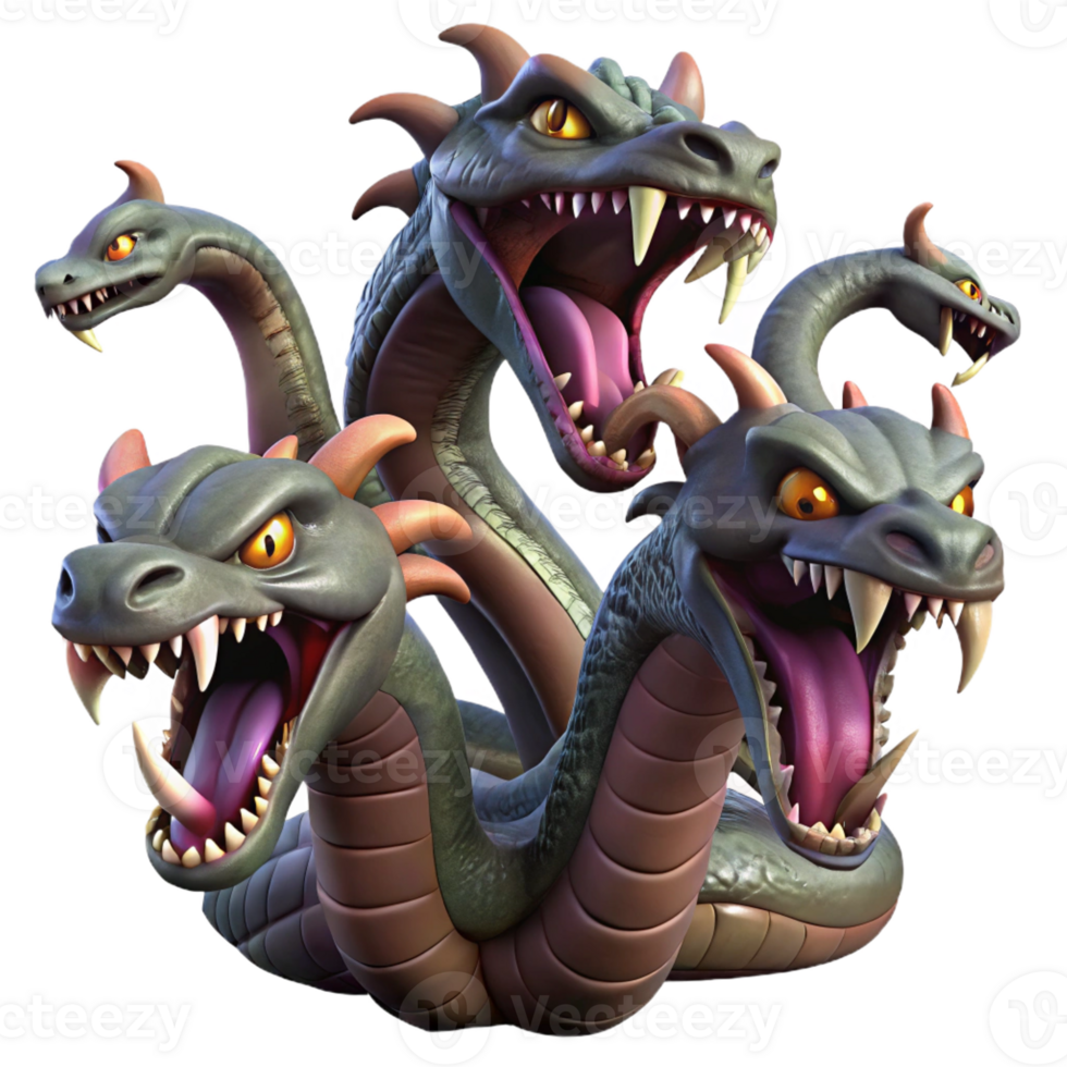 stunning traditional A fearsome hydra with multiple snarling heads, scales shimmering in the dim light of a swamp, dark fantasy style high quality png