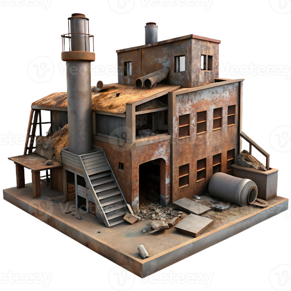 extraordinary minimalist An abandoned factory, rusting machinery, broken windows, dim lighting, dystopian setting original png
