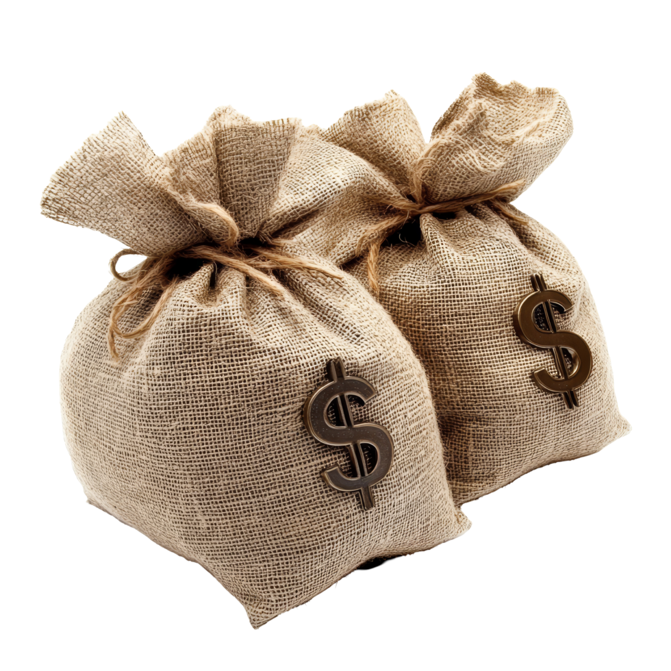 Two burlap money bags with dollar signs and a coin on a transparent background representing wealth and finance concepts, money bags with dollar sign and coin on transparent background png