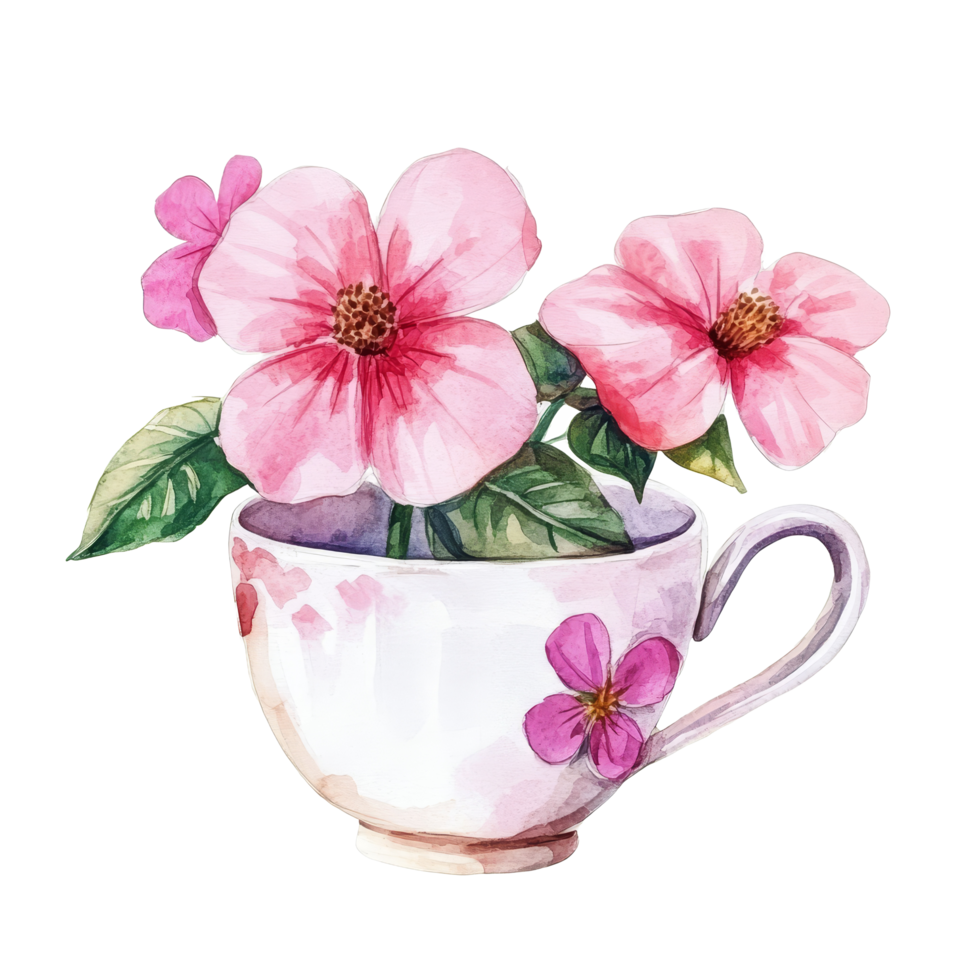 Delicate watercolor cup adorned with pink flowers, set against a clean transparent background, cup with pink flowers isolated on transparent background png