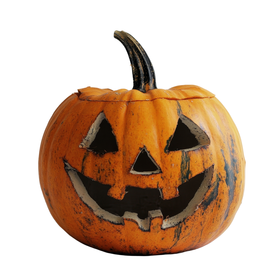 A carved Halloween pumpkin with a cheerful expression resting on a plain transparent background for festive decoration, halloween pumpkin on transparent background png