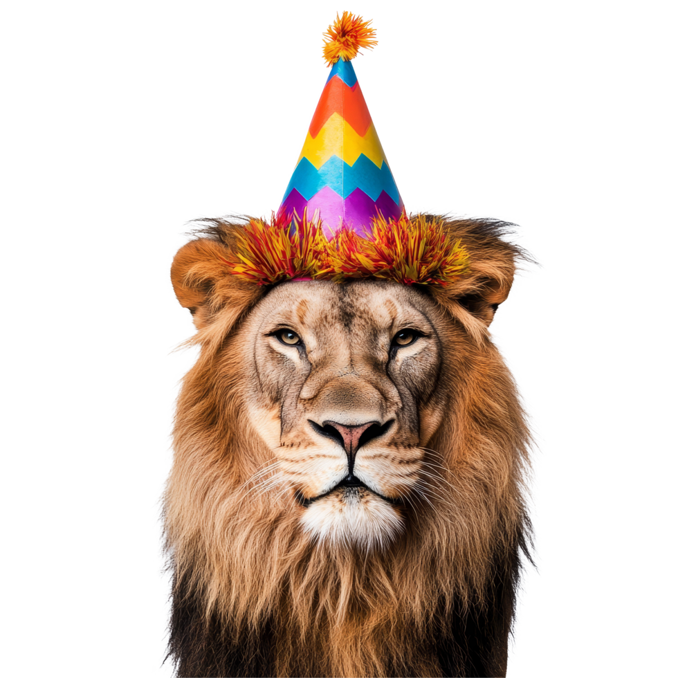 A majestic lion wearing a colorful party hat stands against a transparent backdrop for a festive celebration, Lion with Vibrant Party Hat on transparent background png