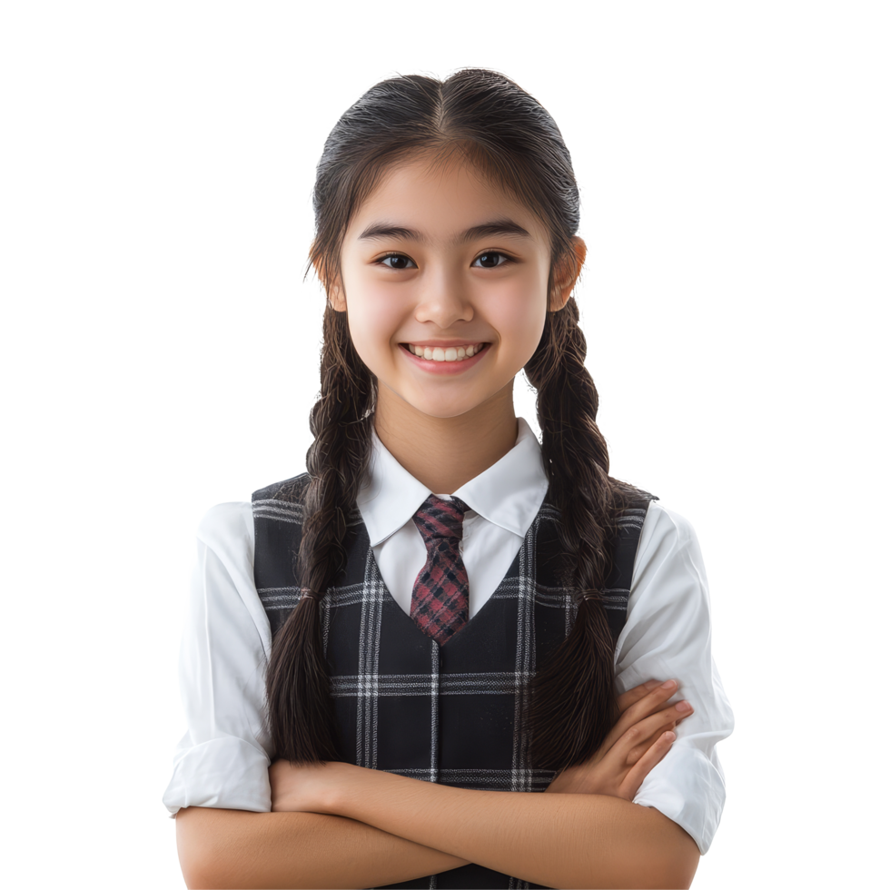 Portrait of a happy Asian student girl in a school uniform with braids smiling confidently, Portrait Happy Asian student girl in school uniform isolated transparent background png