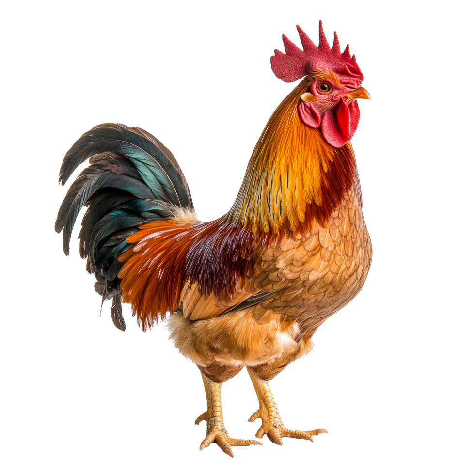 Rhode Island Red rooster standing majestically on a transparent background with vibrant plumage and strong posture, rhode island red rooster, isolated transparent background png