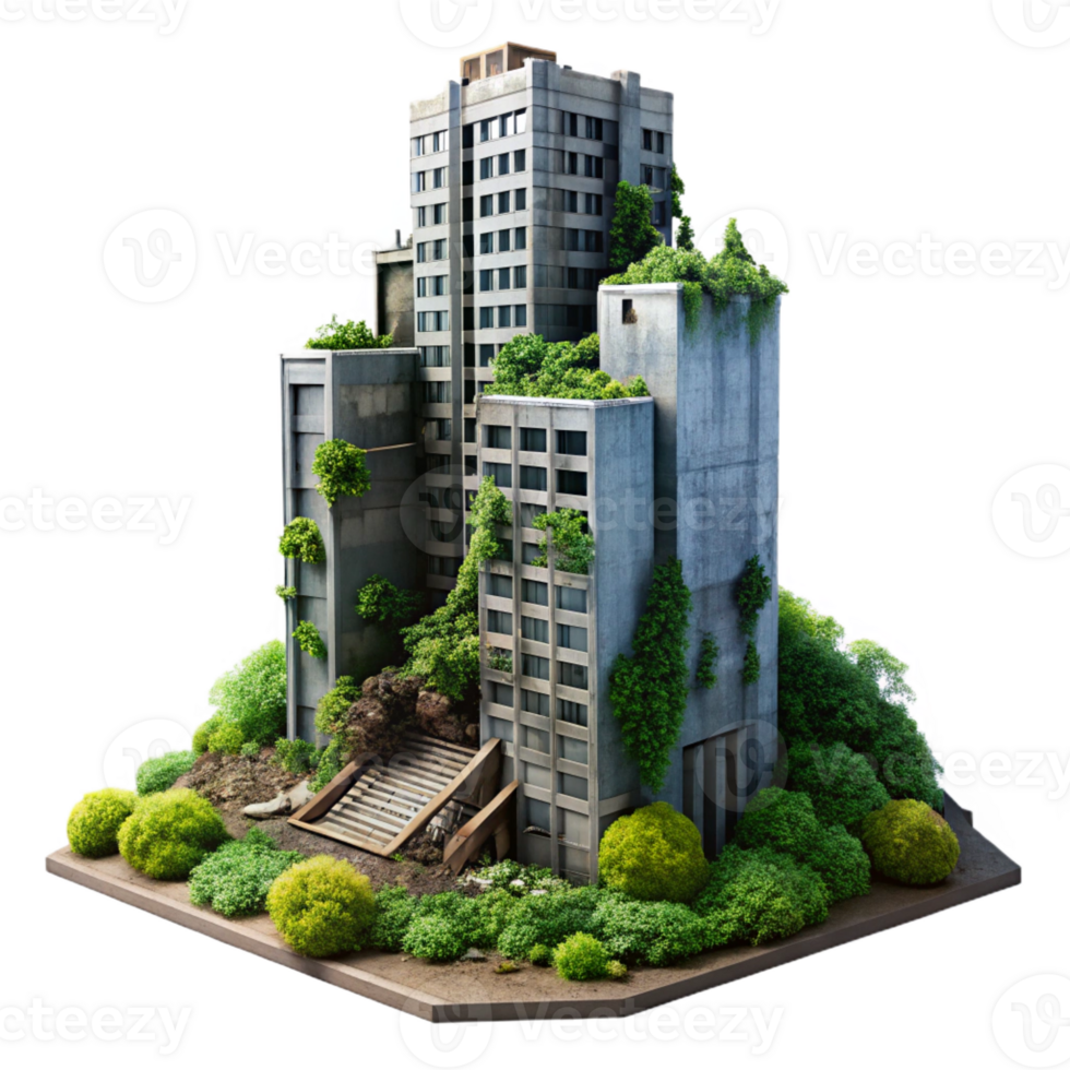 magnificent rustic Post-apocalyptic ruins of a skyscraper, overgrown with vegetation, muted sunlight, desolate atmosphere, hyperrealistic, matte painting, professional png