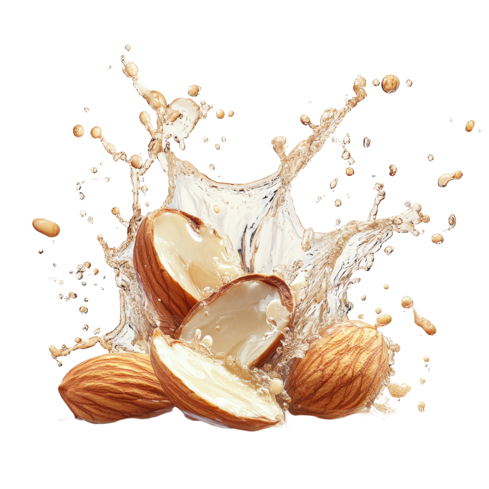 Almonds splash dramatically in refreshing water create a lively scene against a clean transparent background, Group of almonds splashing over transparent background png
