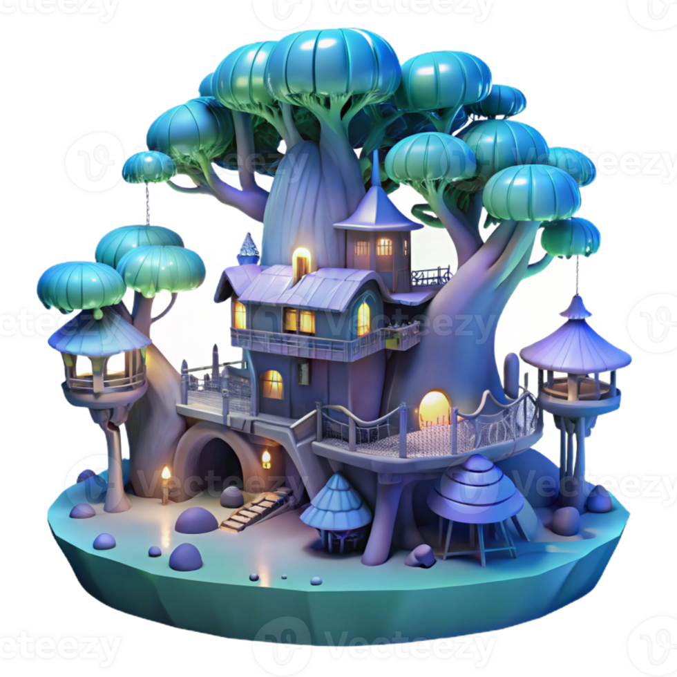 magnificent contemporary A giant, bioluminescent treehouse city in a rainforest, night scene, magical, fantasy style, high resolution png