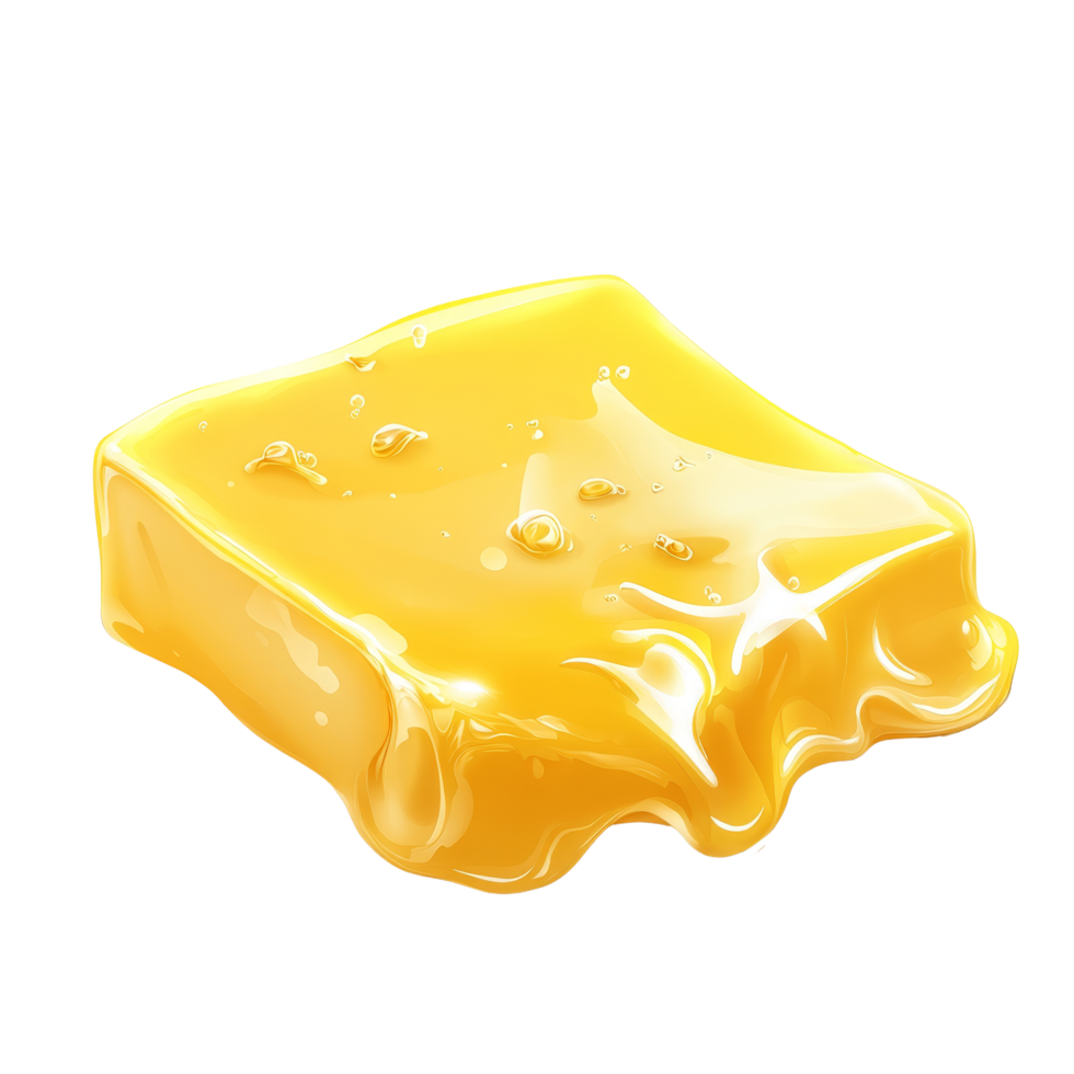 Melting butter drips onto a flat surface, revealing its rich yellow color and glossy texture, A piece of melting butter isolated png