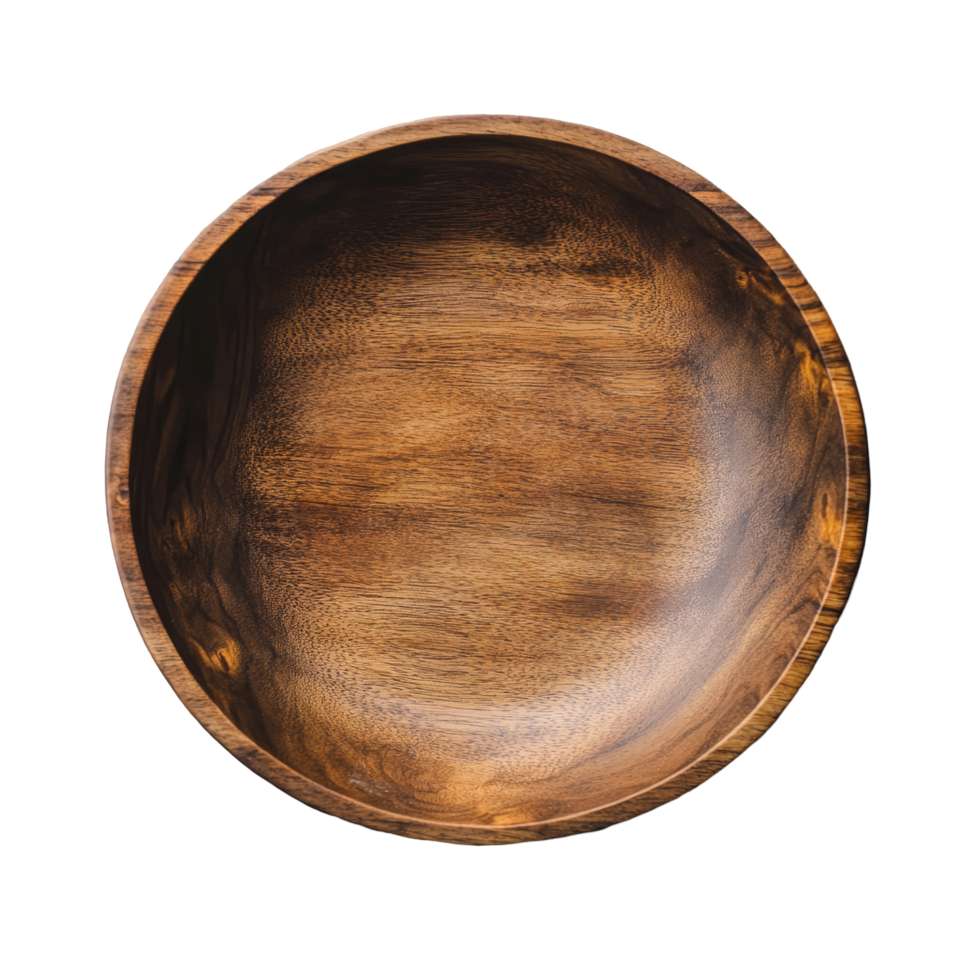 Natural brown wooden bowl on a textured surface showcasing its empty interior and rich tones in soft lighting, brown empty natural wooden bowl png