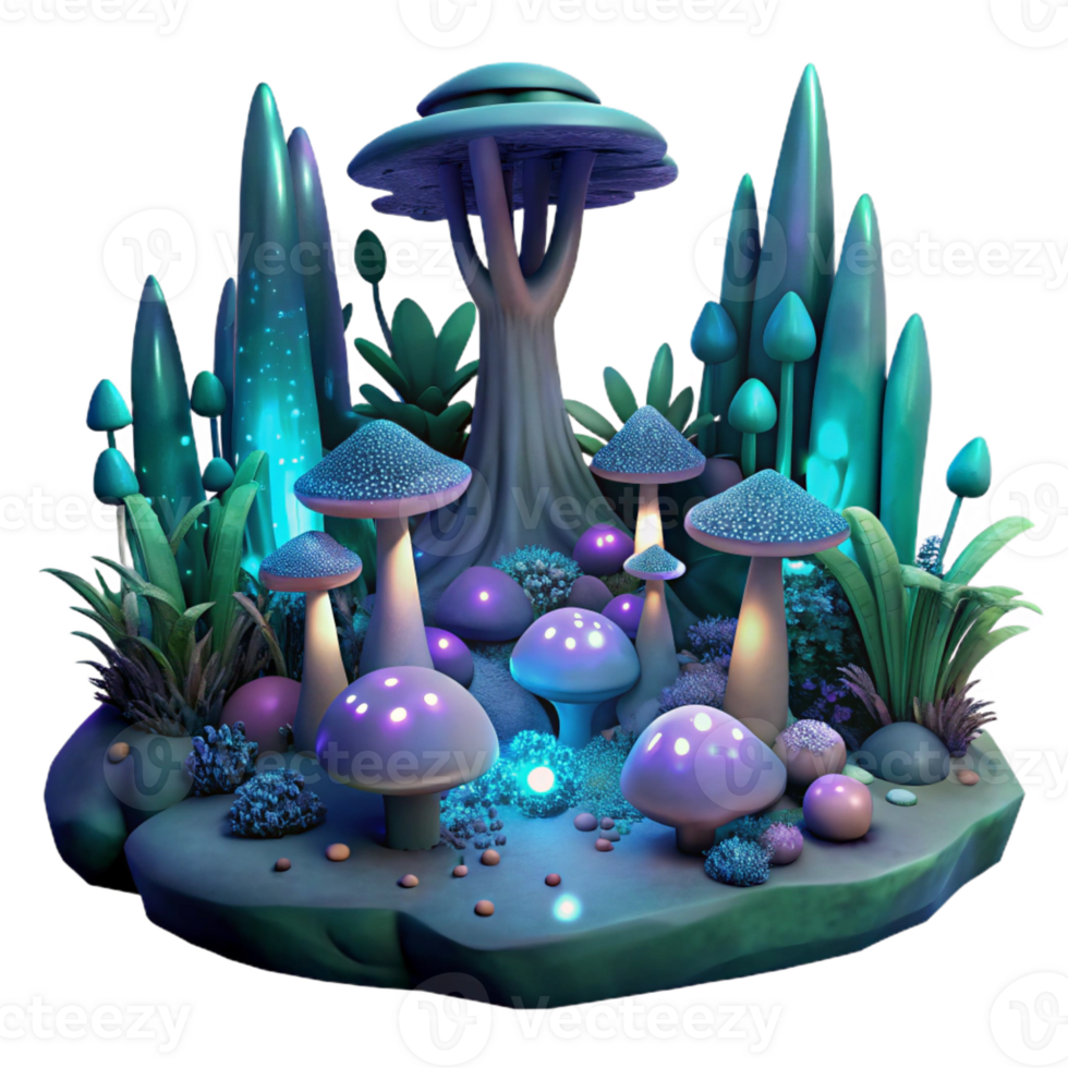 impressive creative A bioluminescent alien forest, glowing flora and fauna, dark, moody lighting, art nouveau style exclusive png