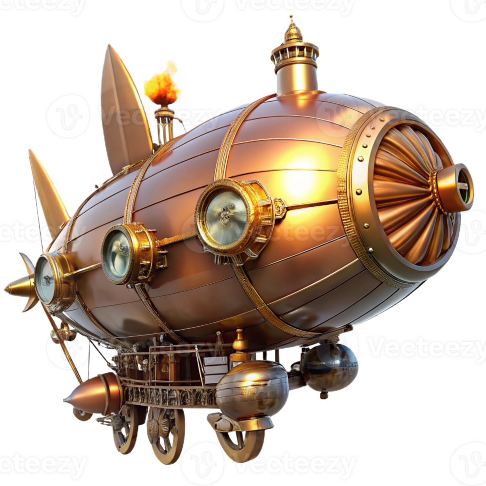 A majestic steampunk airship, crafted from polished brass and copper, hovering over a cityscape of cogs and gears, illuminated by a golden sunset. Intricate clockwork mechanisms visible on the hull png