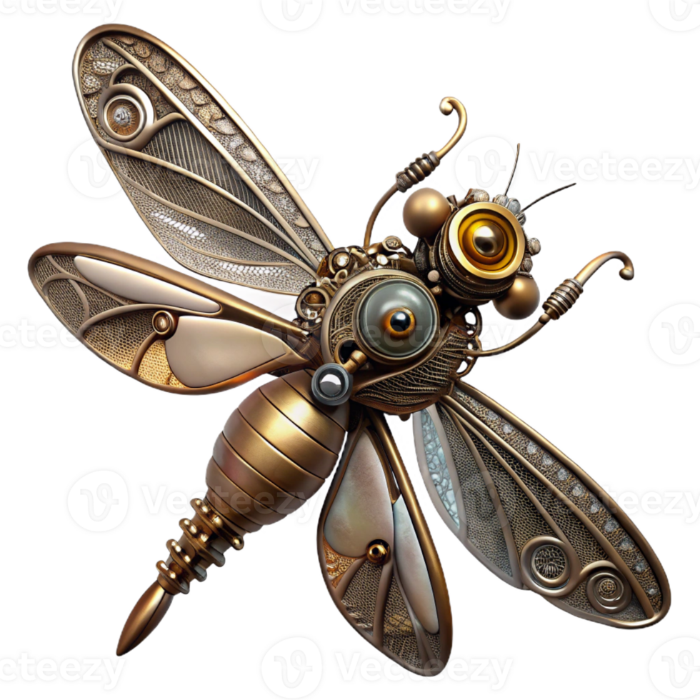 beautiful rustic A steampunk dragonfly with delicate, filigree wings made of gears and cogs, hovering in mid-air, illuminated by a single spotlight high resolution png