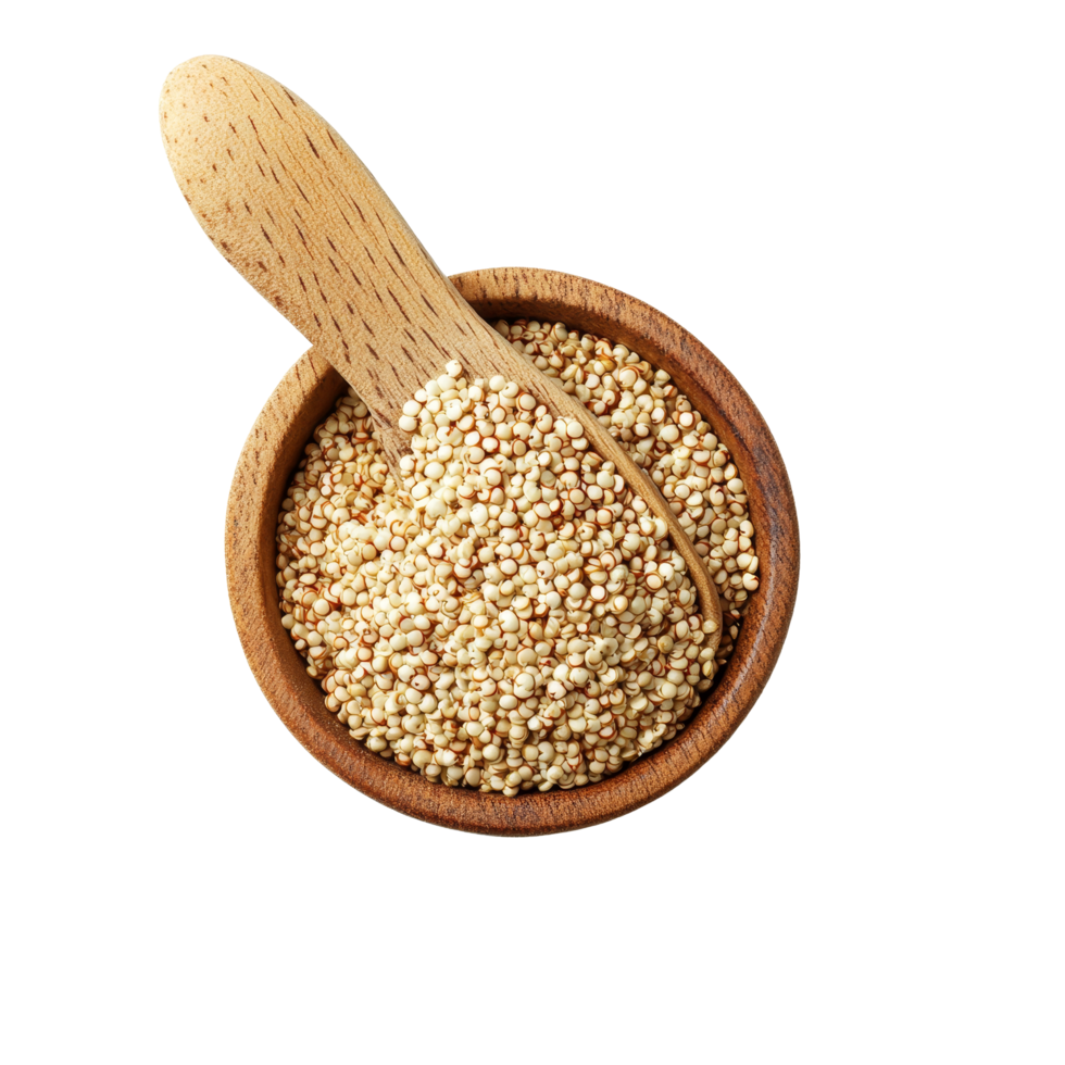 Nutritious quinoa grains in a wooden bowl with a spoon on a transparent background ready for cooking or serving, quinoa isolated on transparent background png