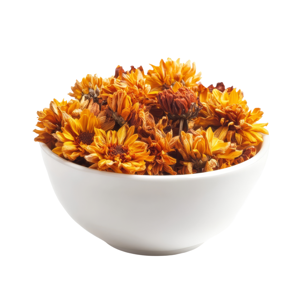 Dried chrysanthemum flowers arranged in a transparent bowl on a simple transparent background for decorative purposes, dried chrysanthemum flowers in transparent bowl isolated on transparent png