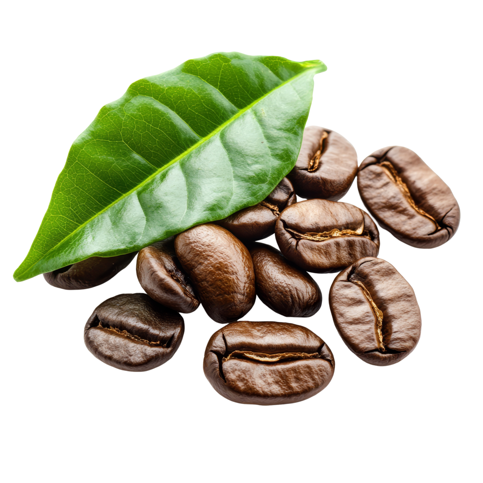 Fresh coffee beans with vibrant green leaf isolated on transparent background highlighting natural elements of coffee cultivation, coffee beans with leaf isolated on transparent background png