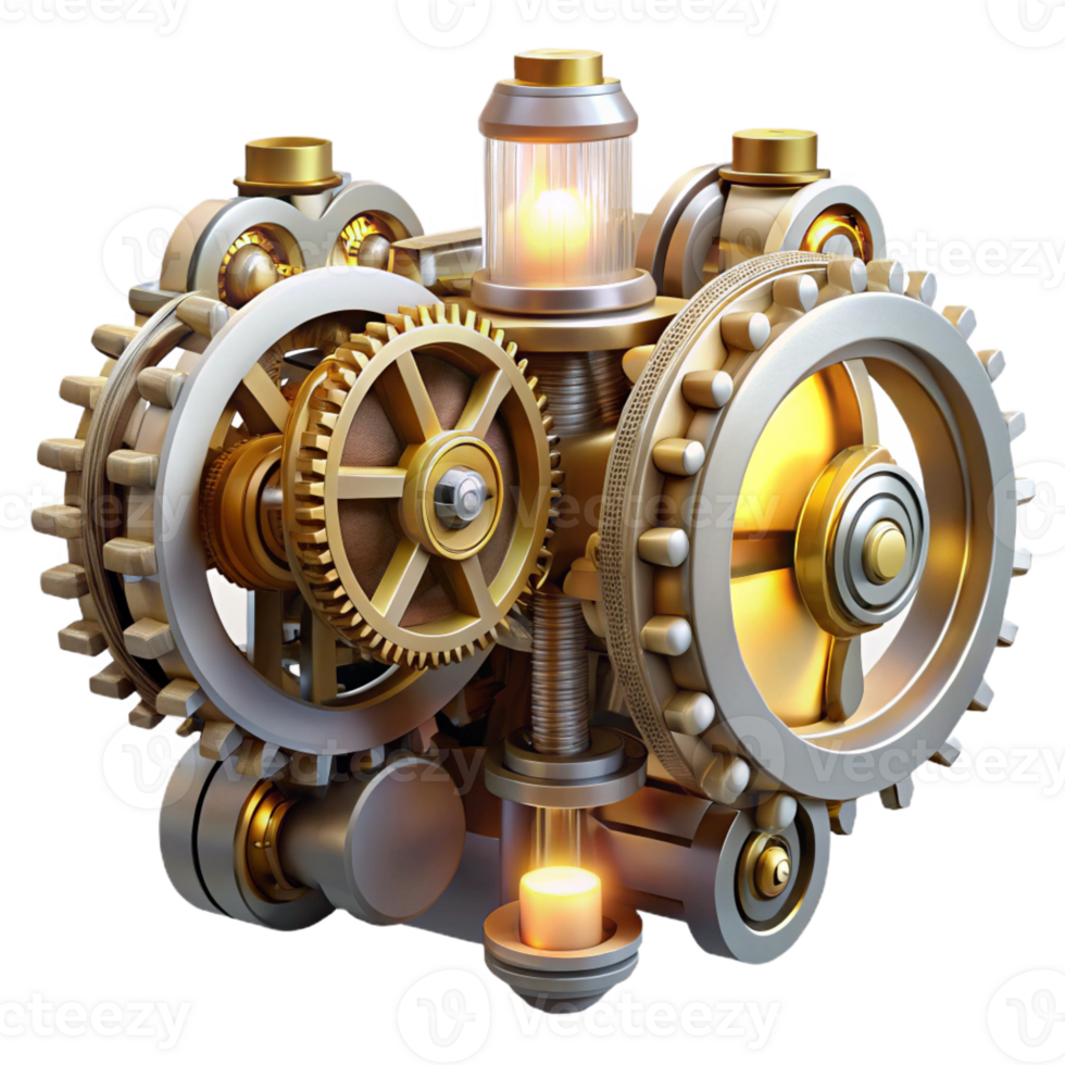 elegant classic A complex steampunk clockwork mechanism, gears turning, intricate details, illuminated by a bright, white light professional png
