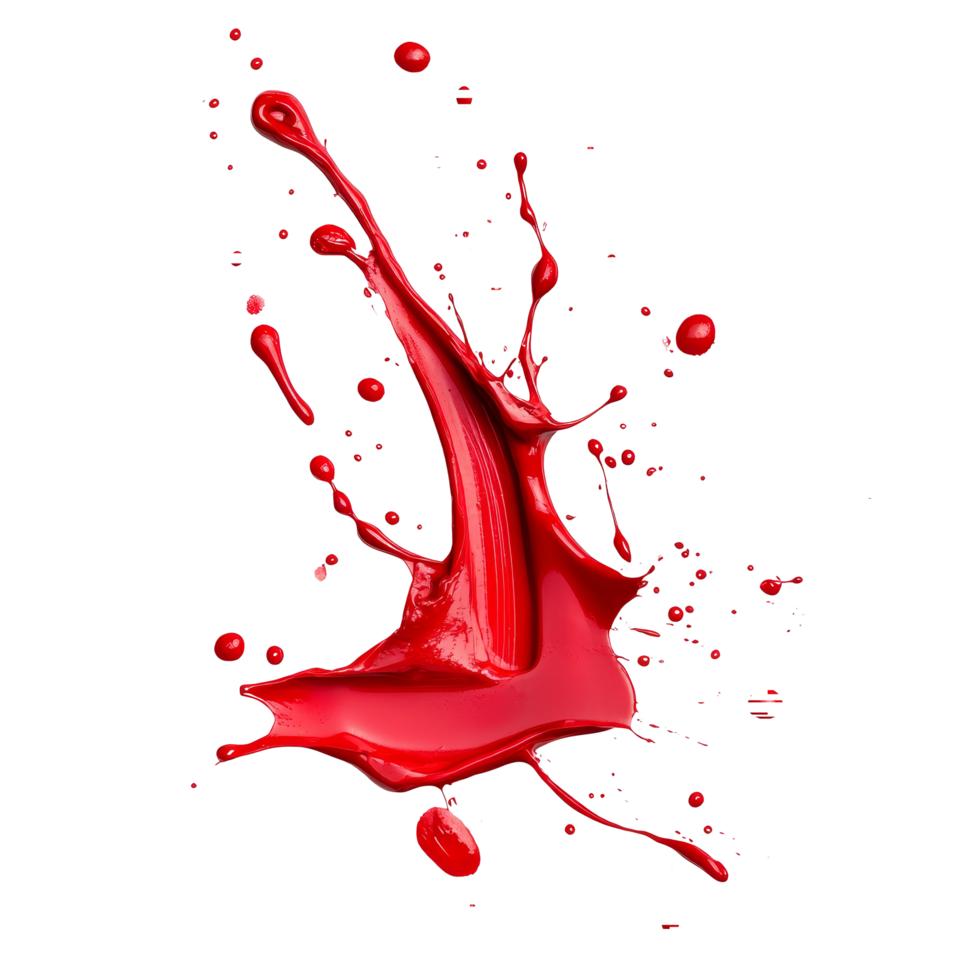 A vibrant red paint splash creating dynamic patterns against a clean transparent background, Red Paint Splash on transparent background png