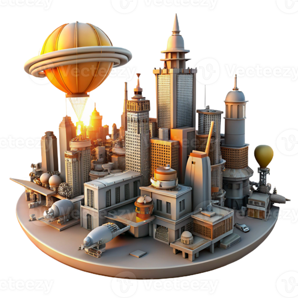 elegant rustic A steampunk cityscape with towering buildings and intricate airships, cogs and gears visible throughout, illuminated by a vibrant, orange sunset 4K png