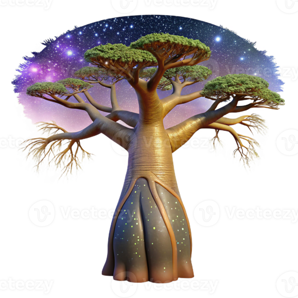 dramatic classic A colossal baobab tree with roots reaching into the starry cosmos, digital painting style, cosmic horror lighting genuine png