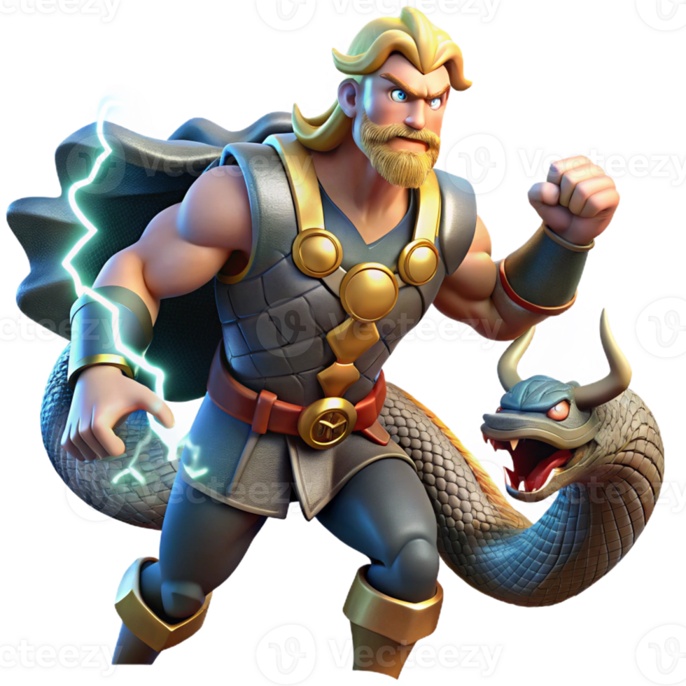 beautiful traditional Thor battling the Midgard Serpent in a raging thunderstorm, lightning illuminating Mjolnir, dynamic and action-packed, comic book style premium png