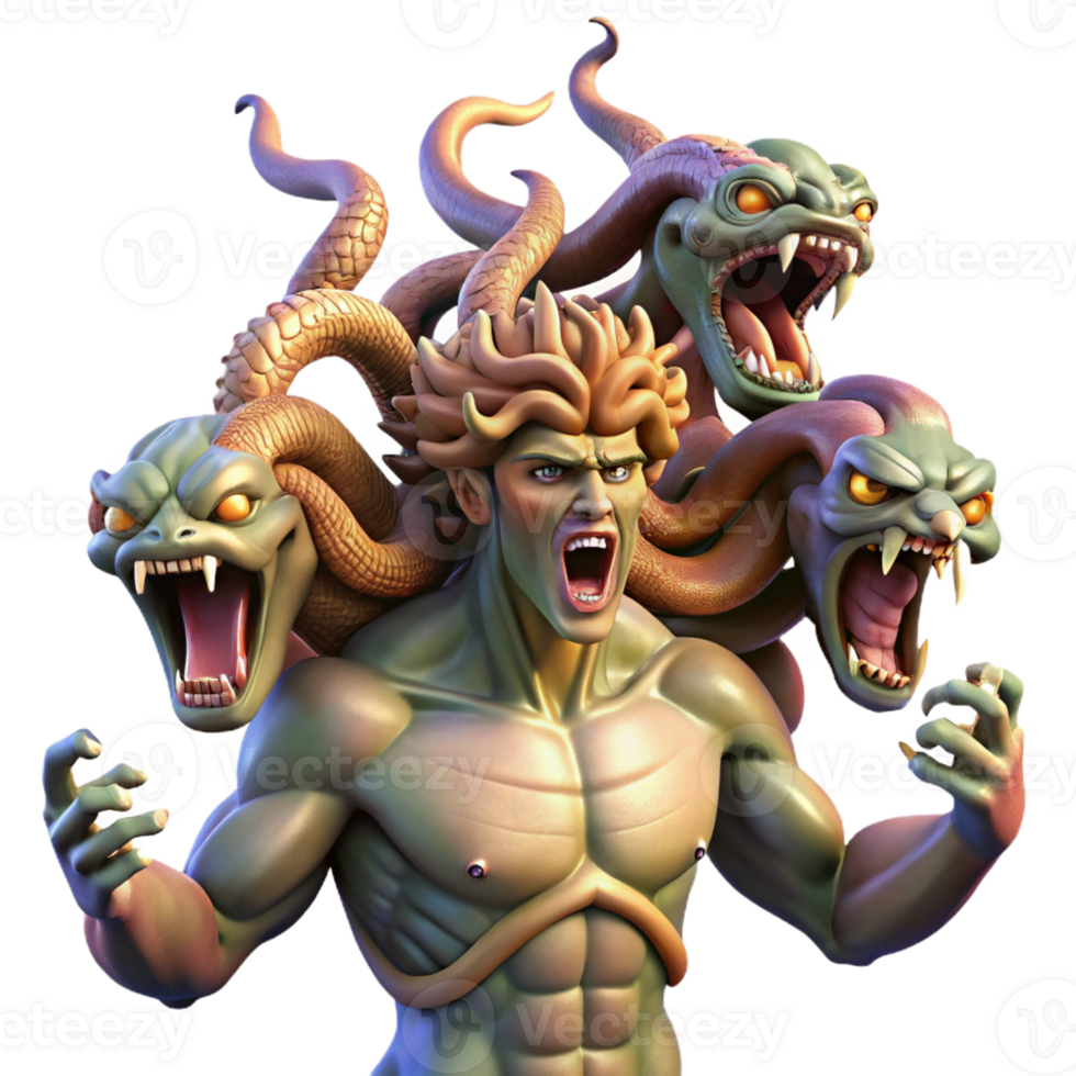 wonderful rustic A hydra with multiple heads battling Hercules, dynamic and action-packed, Baroque painting style detailed png