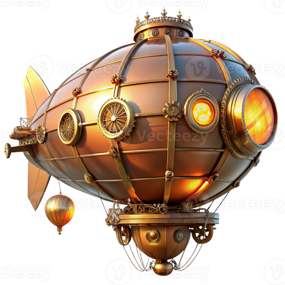 beautiful artistic A majestic steampunk airship, copper and brass, intricate clockwork gears exposed, illuminated by a warm, golden sunset light original png