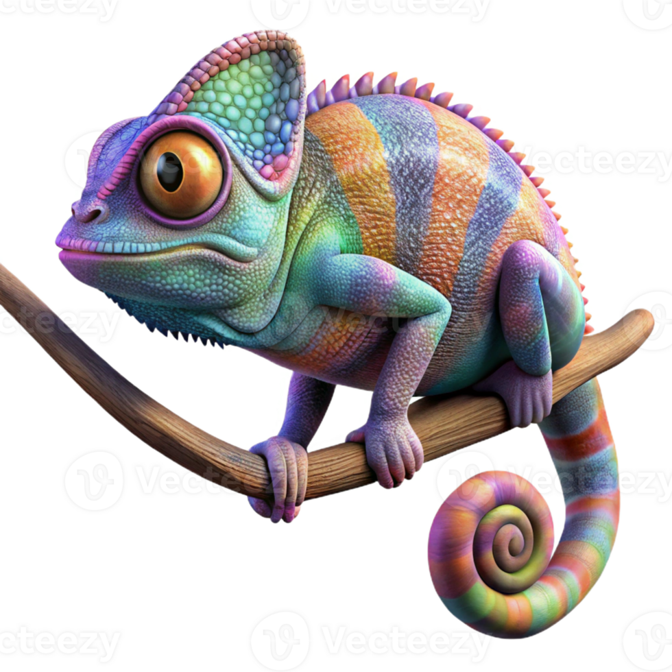 elegant classic A chameleon perched on a branch, its skin displaying a kaleidoscope of colors, vivid and surreal style high resolution png