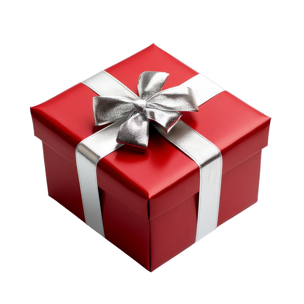 A beautifully wrapped red gift box featuring a silver ribbon bow on a clean transparent background for special occasions, Red gift box with ribbon bow on transparent backgroundfile png