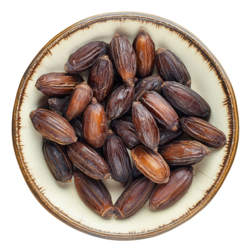 A top view of date palm fruits in a round plate isolated against a clean transparent background showcasing natural textures and colors, date palm in a plate isolated on transparent background png