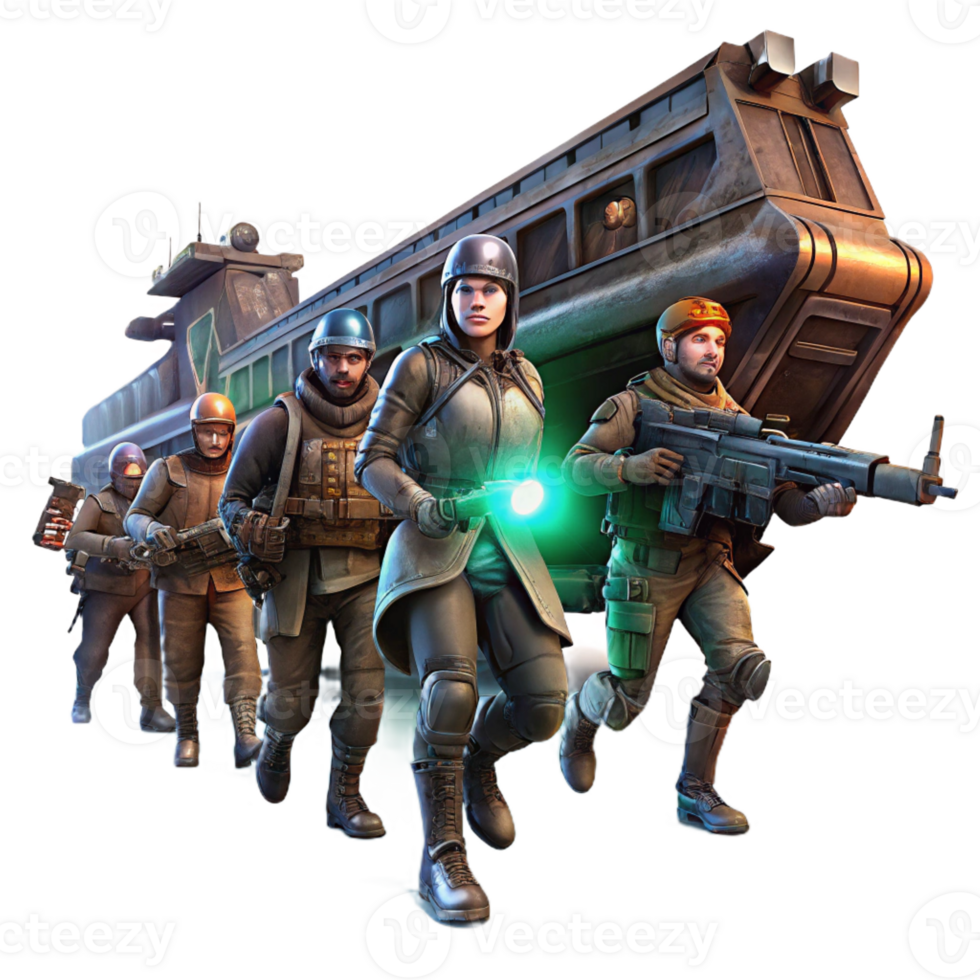 A group of space pirates, clad in ragged clothing and armed with laser pistols, boarding a derelict spaceship, illuminated by flickering emergency lights. Gritty realism style, dramatic lighting png